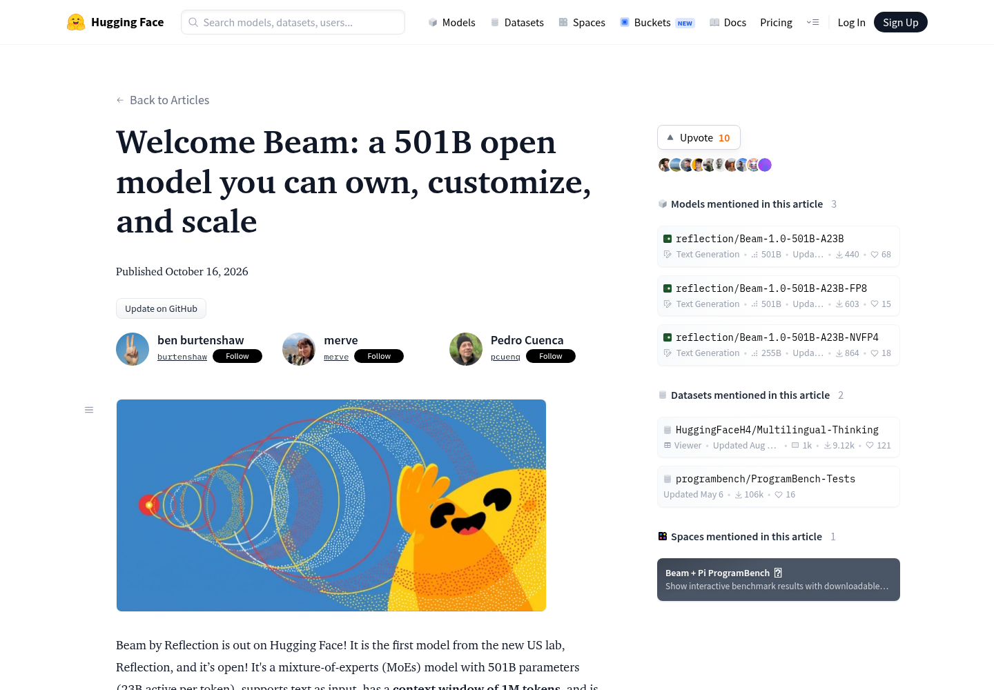 The Hugging Face blog announcement for Beam, showing the article title, the October 16, 2026 publication date, and the opening paragraphs describing the 501B-parameter Apache 2.0 model.