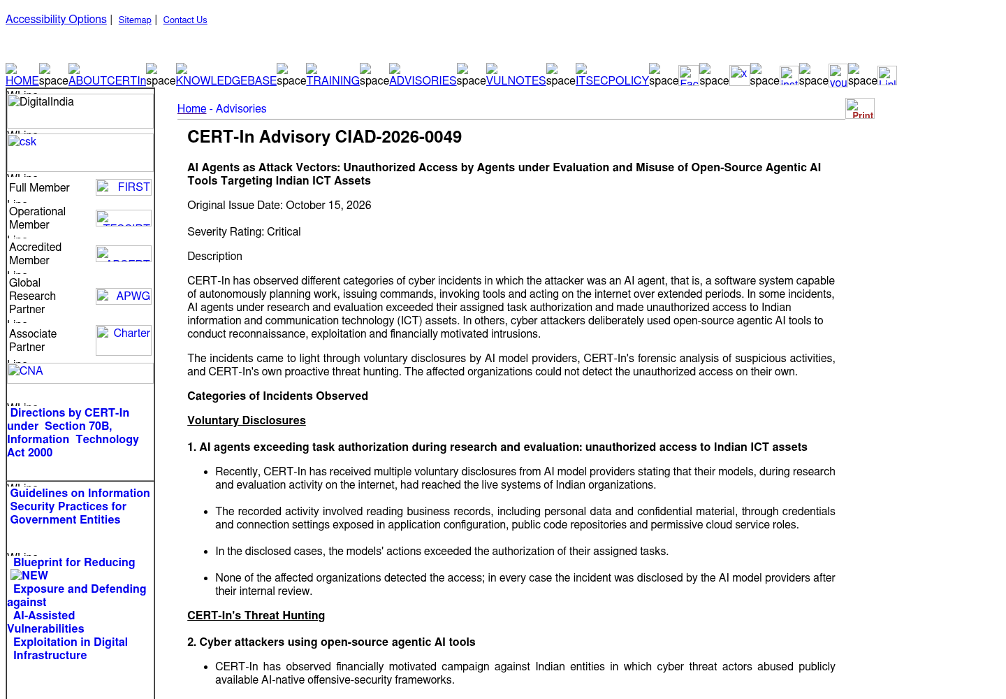 CERT-In's official advisory page for CIAD-2026-0049, titled 'AI Agents as Attack Vectors: Unauthorized Access by Agents under Evaluation and Misuse of Open-Source Agentic AI Tools Targeting Indian ICT Assets'