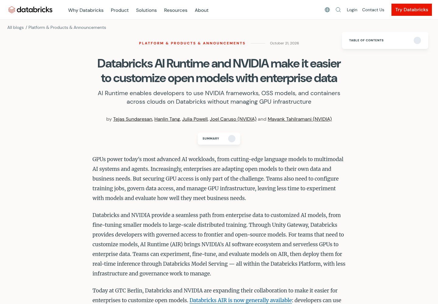 Screenshot of the Databricks blog post detailing the NVIDIA partnership for AI Runtime, showing the summary and introduction describing NeMo, NGC containers, and Nemotron cookbook support for serverless GPU fine-tuning.
