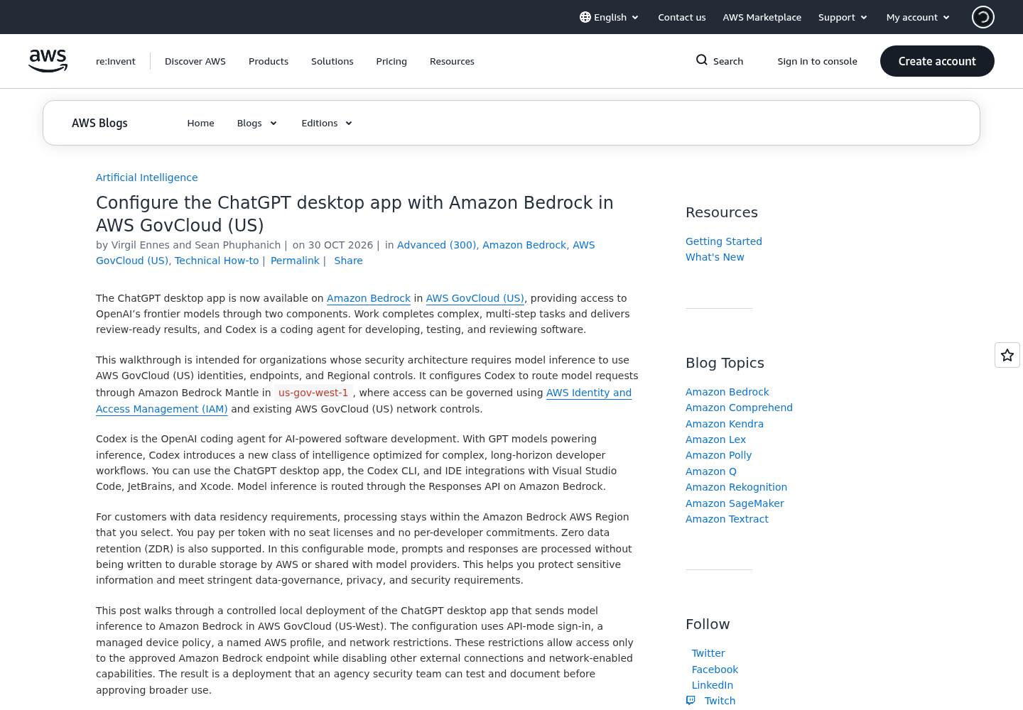 AWS Machine Learning blog page headed "Configure the ChatGPT desktop app with Amazon Bedrock in AWS GovCloud (US)", showing the opening description of Work and Codex, the note that inference routes through Amazon Bedrock Mantle in us-gov-west-1, and the walkthrough with the config.toml and requirements.toml blocks.