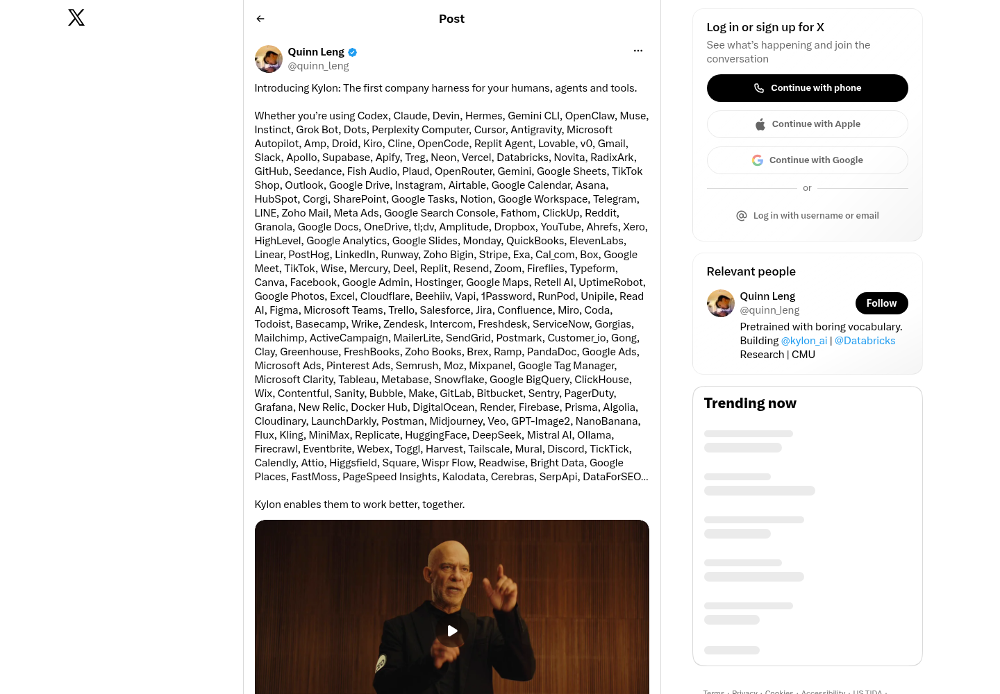Quinn Leng X post introducing Kylon as the first company harness for humans, agents and tools, followed by the long mixed list of coding agents and tools.