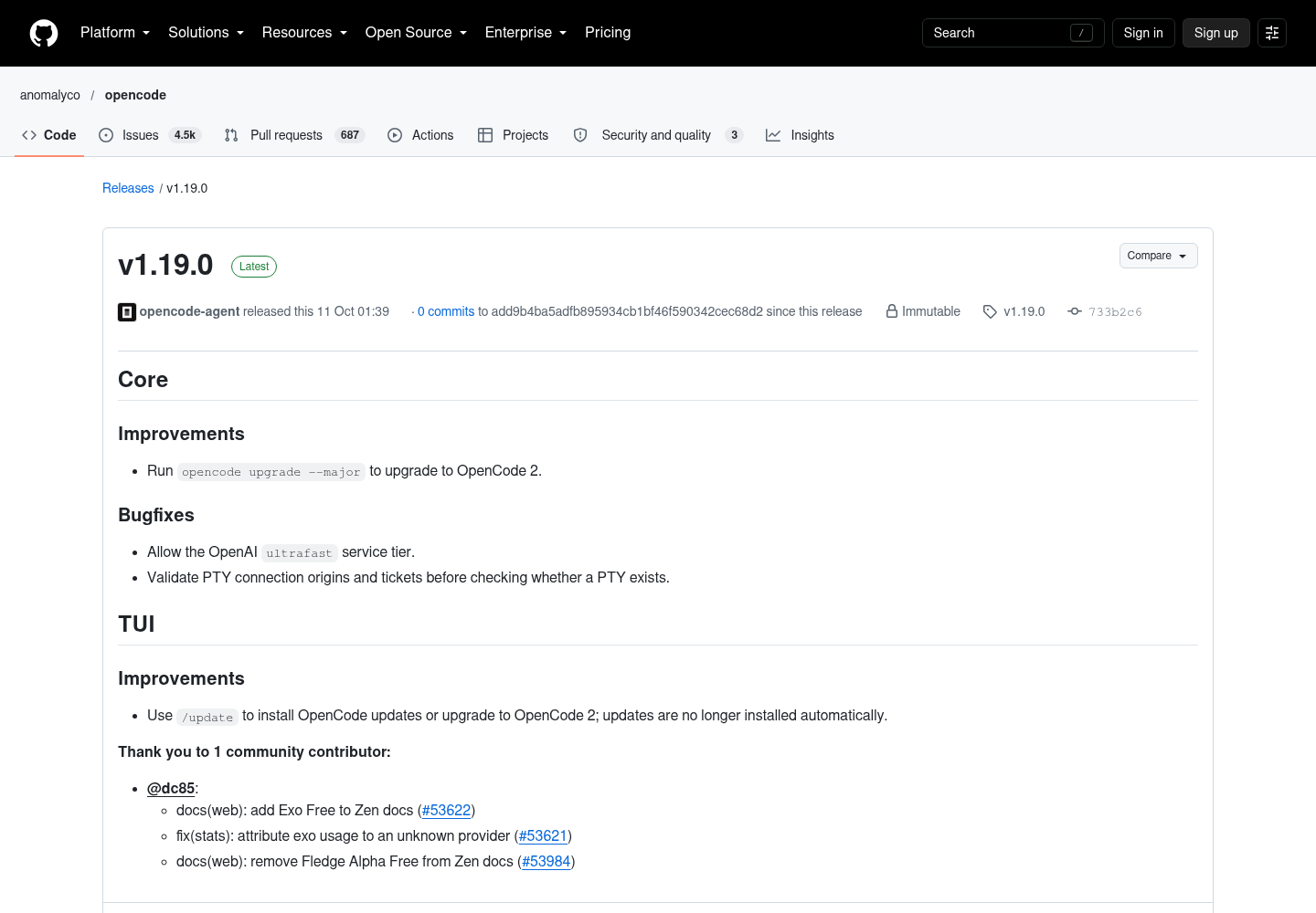 The GitHub release page for anomalyco/opencode v1.19.0, showing the release title, the Latest marker, the release notes sections for Core improvements and bugfixes and TUI improvements, contributor credit, and reaction counts.