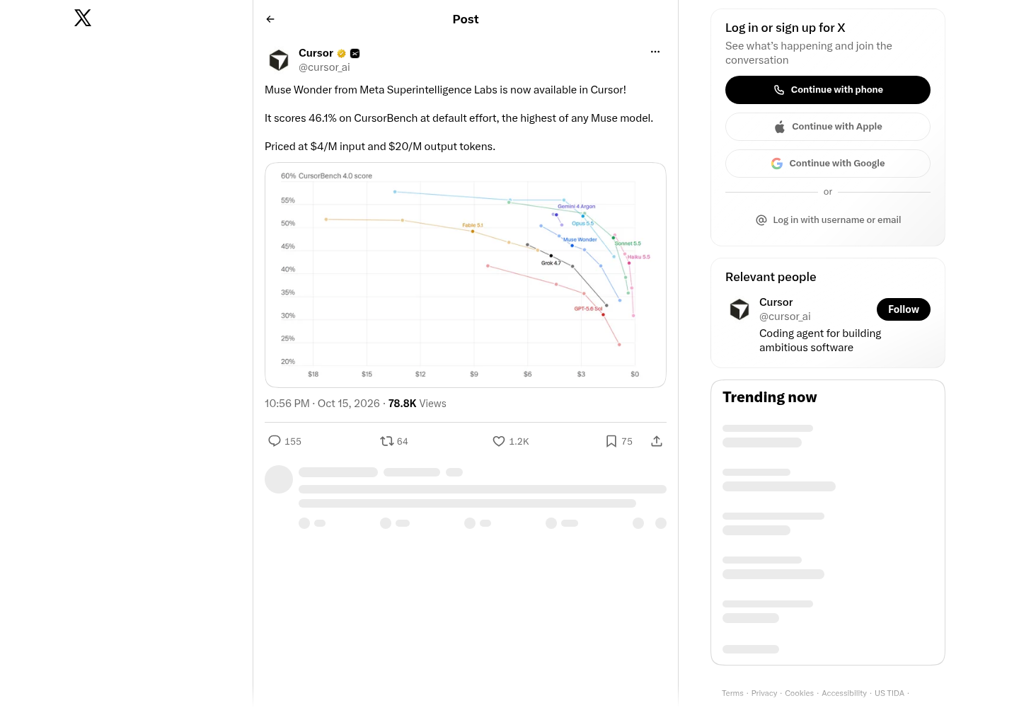Cursor's X post announcing Muse Wonder availability