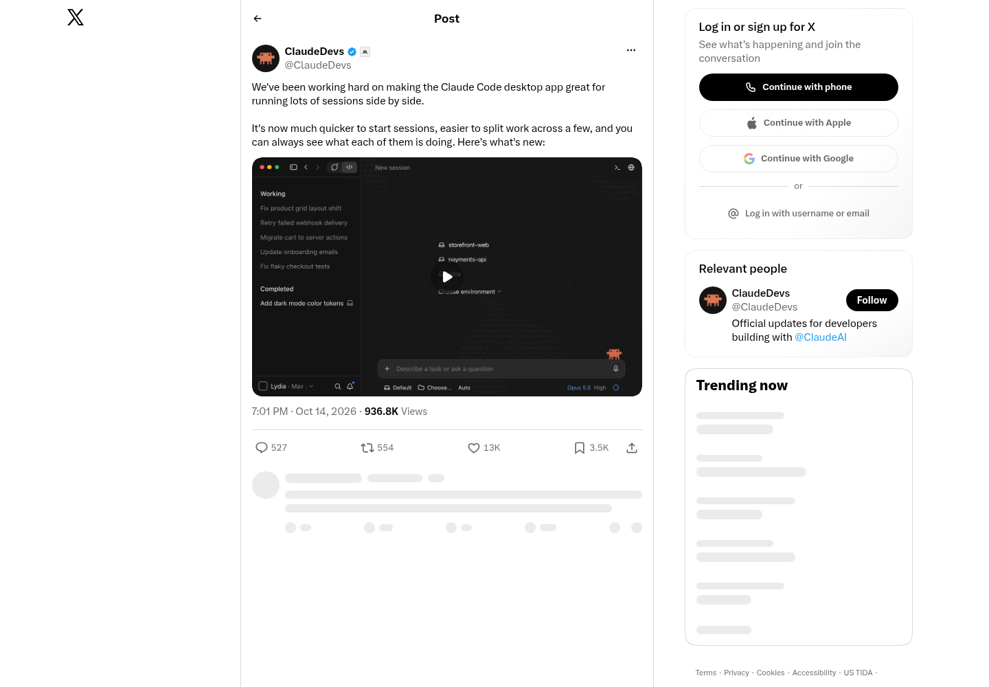 ClaudeDevs post on X announcing that the Claude Code desktop app is now better for running lots of sessions side by side, posted Oct. 14, 2026.