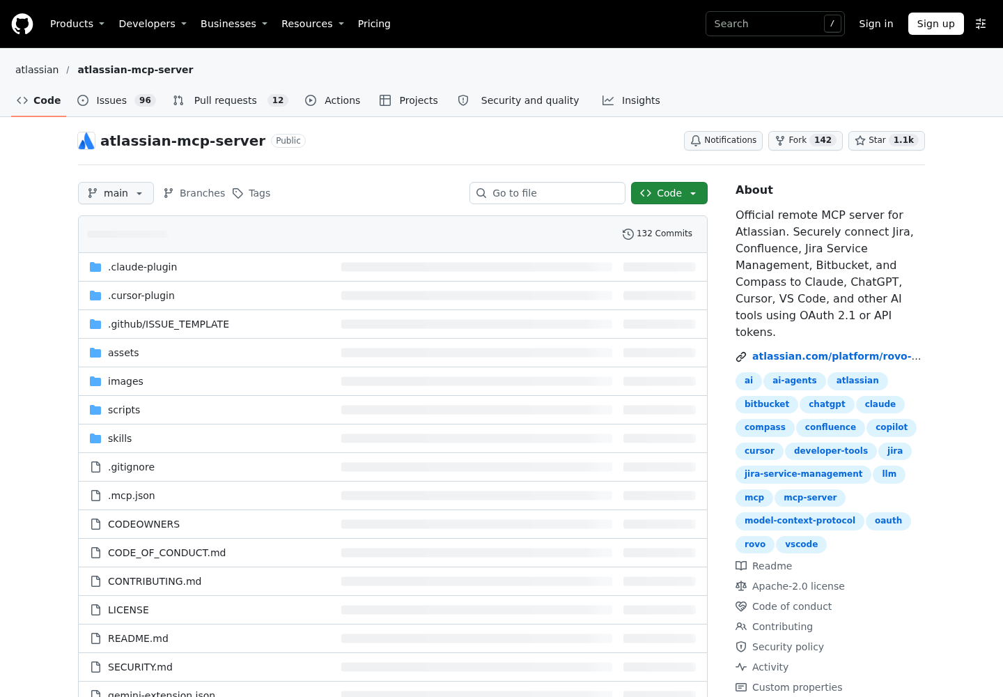 GitHub repository page for atlassian/atlassian-mcp-server, Atlassian's official remote MCP server repository.