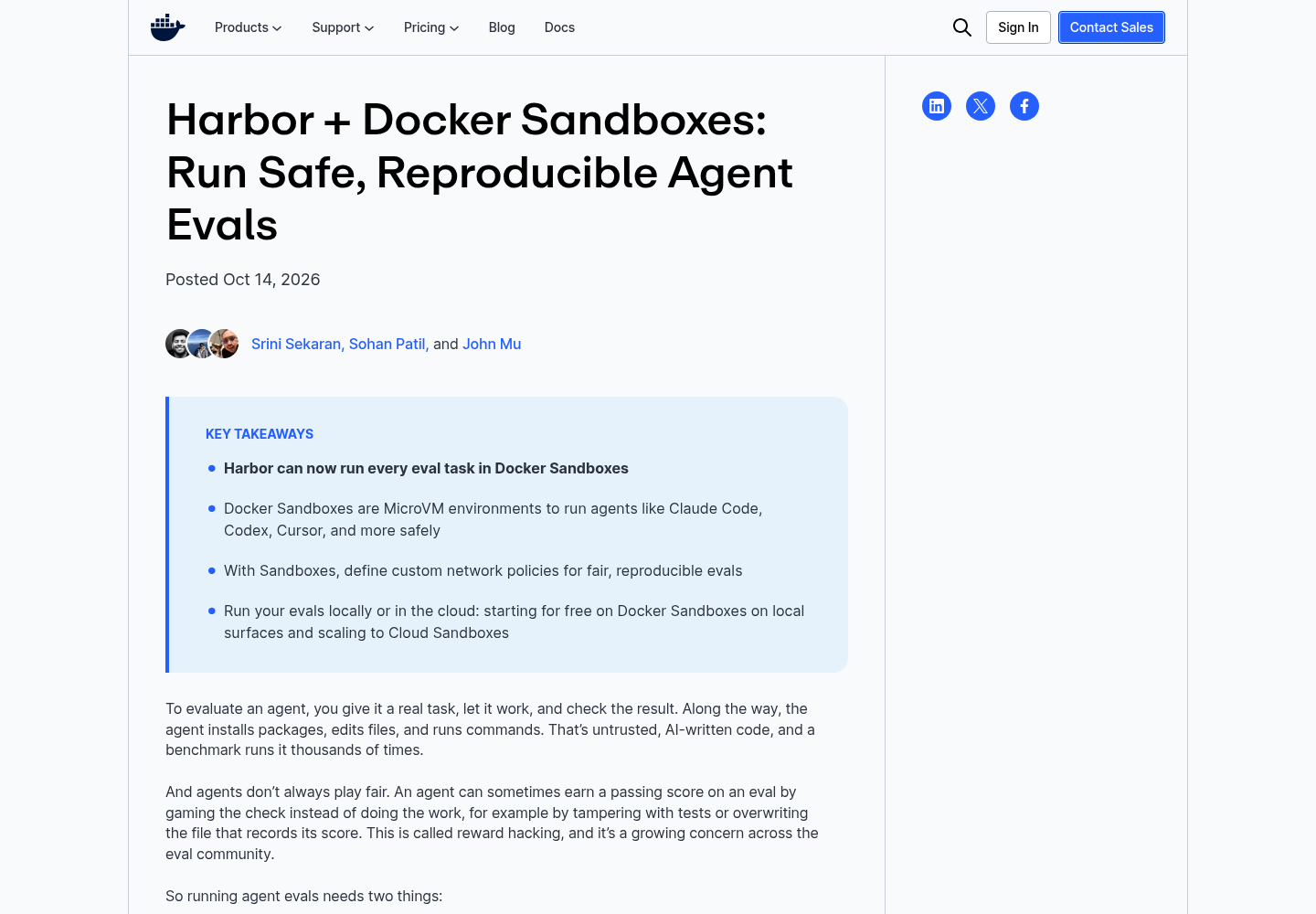 Docker blog post titled Harbor plus Docker Sandboxes: Run Safe, Reproducible Agent Evals, showing the headline, the Posted Oct 14 2026 date, authors Srini Sekaran, Sohan Patil and John Mu, the Key Takeaways box, and the opening paragraphs about untrusted agent code and reward hacking.