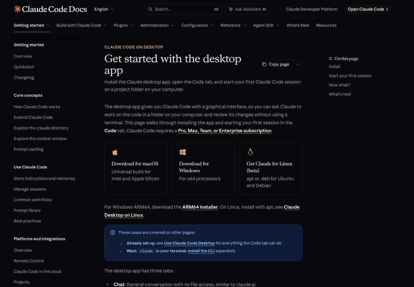 Claude Code Docs desktop quickstart page showing the Get started with the desktop app title, the install introduction requiring a paid subscription, and the download cards for macOS, Windows and Linux (beta).