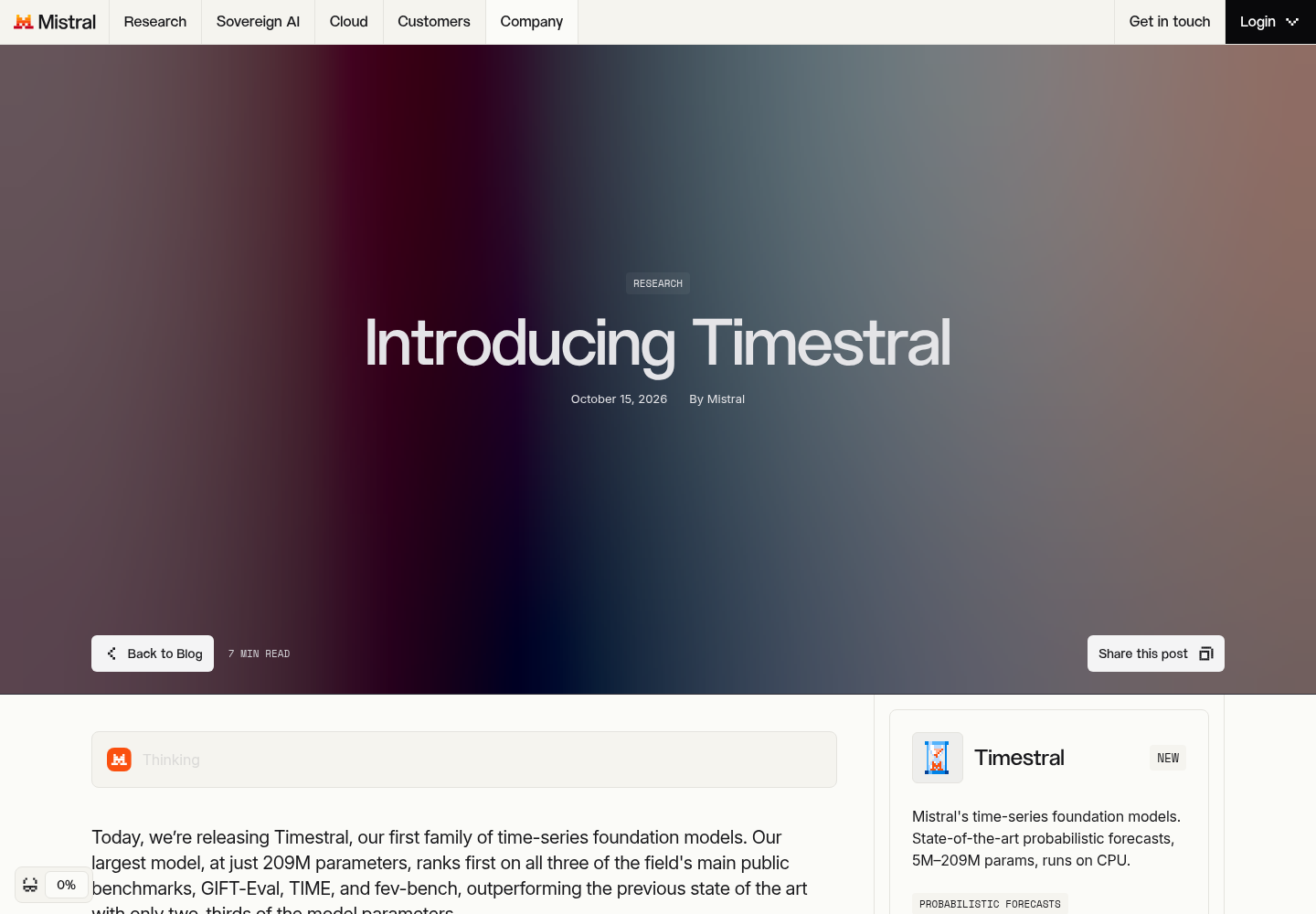 Official Mistral AI research announcement page titled Introducing Timestral.