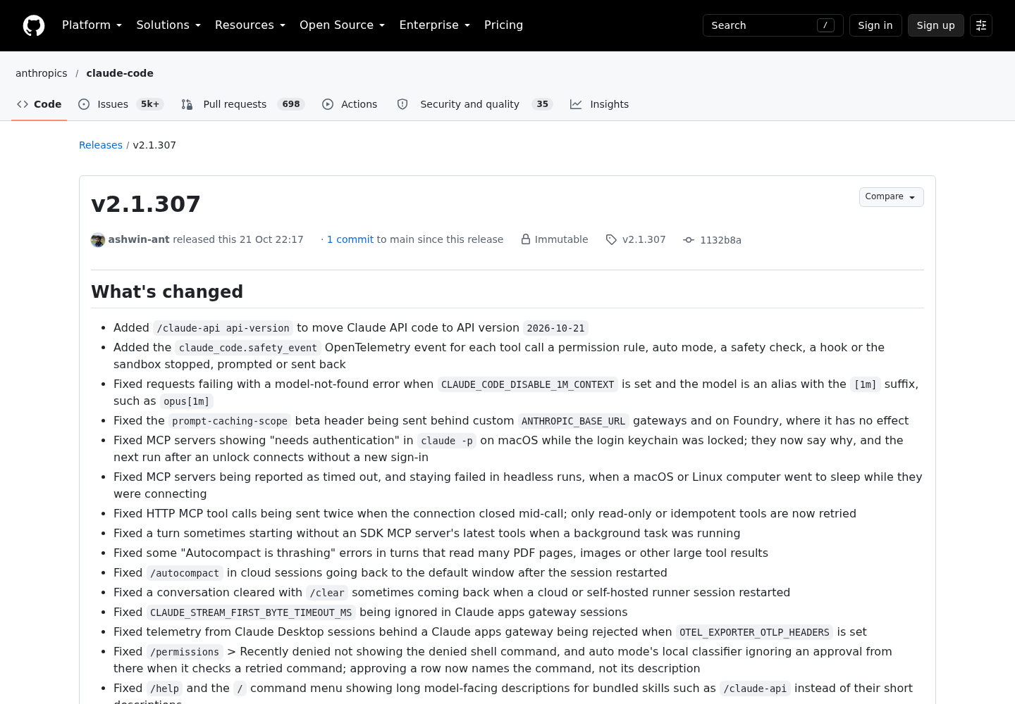 GitHub release page for anthropics/claude-code v2.1.307 showing the release header and the start of its What's changed list.