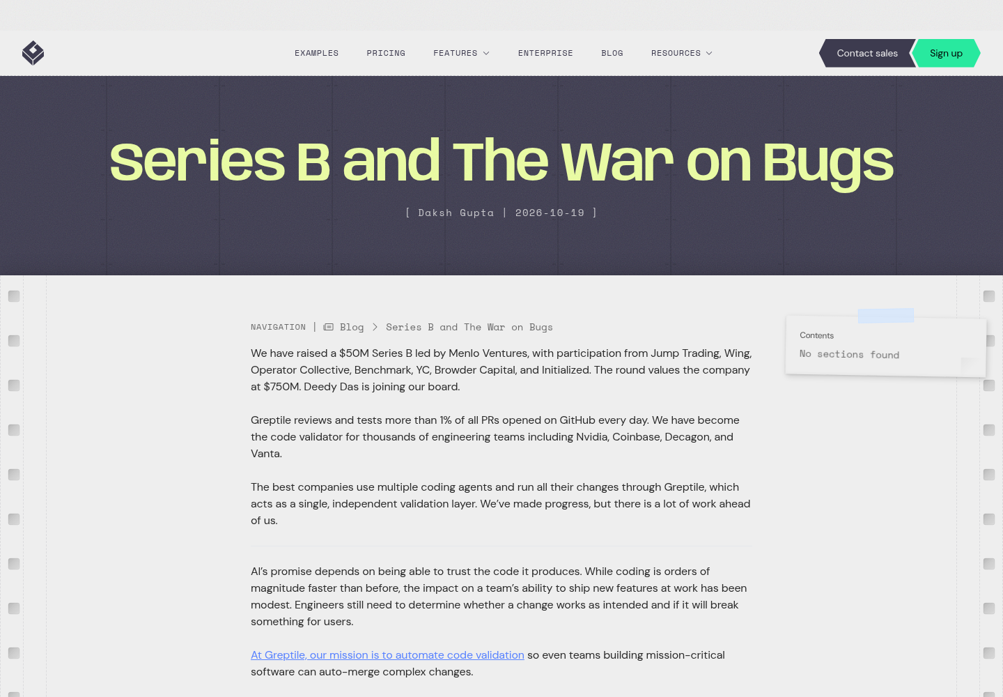 Greptile Series B announcement blog post by Daksh Gupta showing the $50M raise led by Menlo Ventures at a $750M valuation.