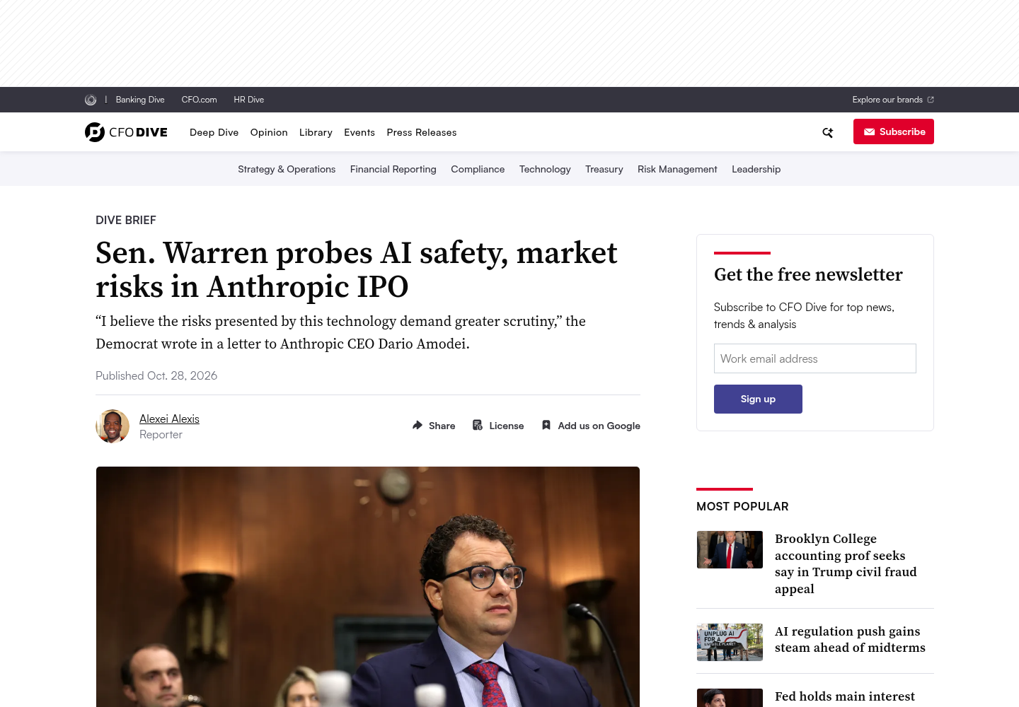 CFO Dive article headlined 'Sen. Warren probes AI safety, market risks in Anthropic IPO' with a photo of Anthropic CEO Dario Amodei testifying before the Senate Judiciary Committee.