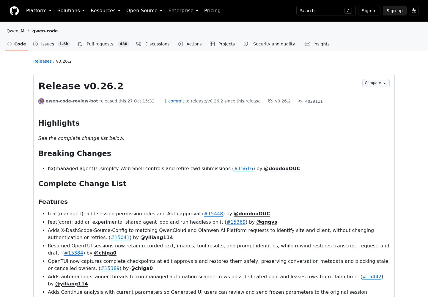 The GitHub release page for Qwen Code v0.26.2 published October 27, 2026, listing the Web Shell breaking change and feature entries including session permission rules, the durable mid-turn message queue and unattended autofix watches.