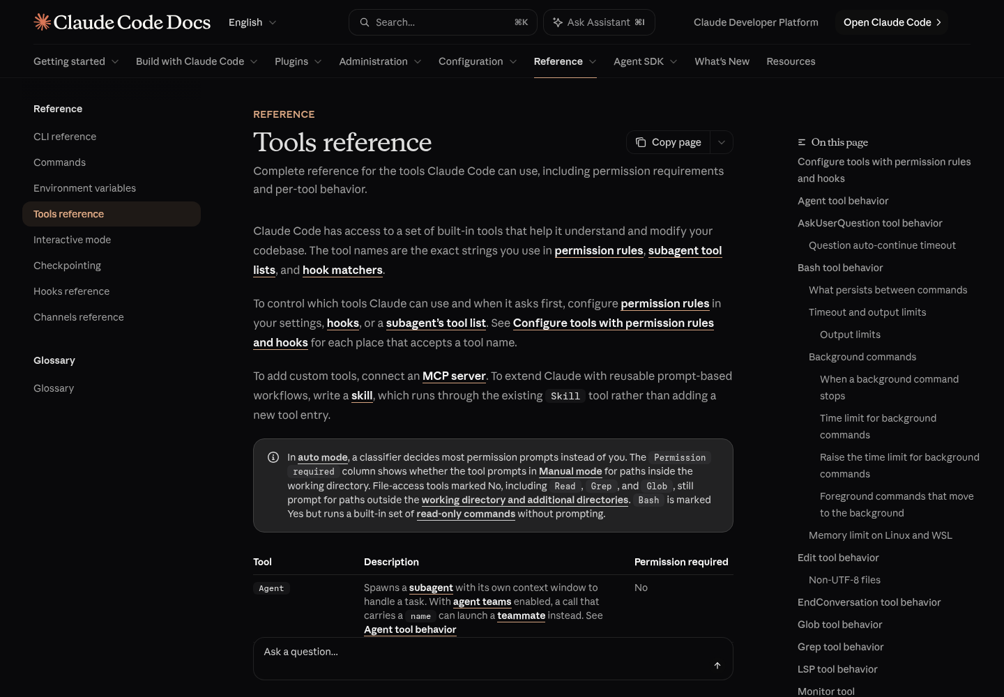Top of Anthropic's Claude Code Tools reference documentation page on code.claude.com.