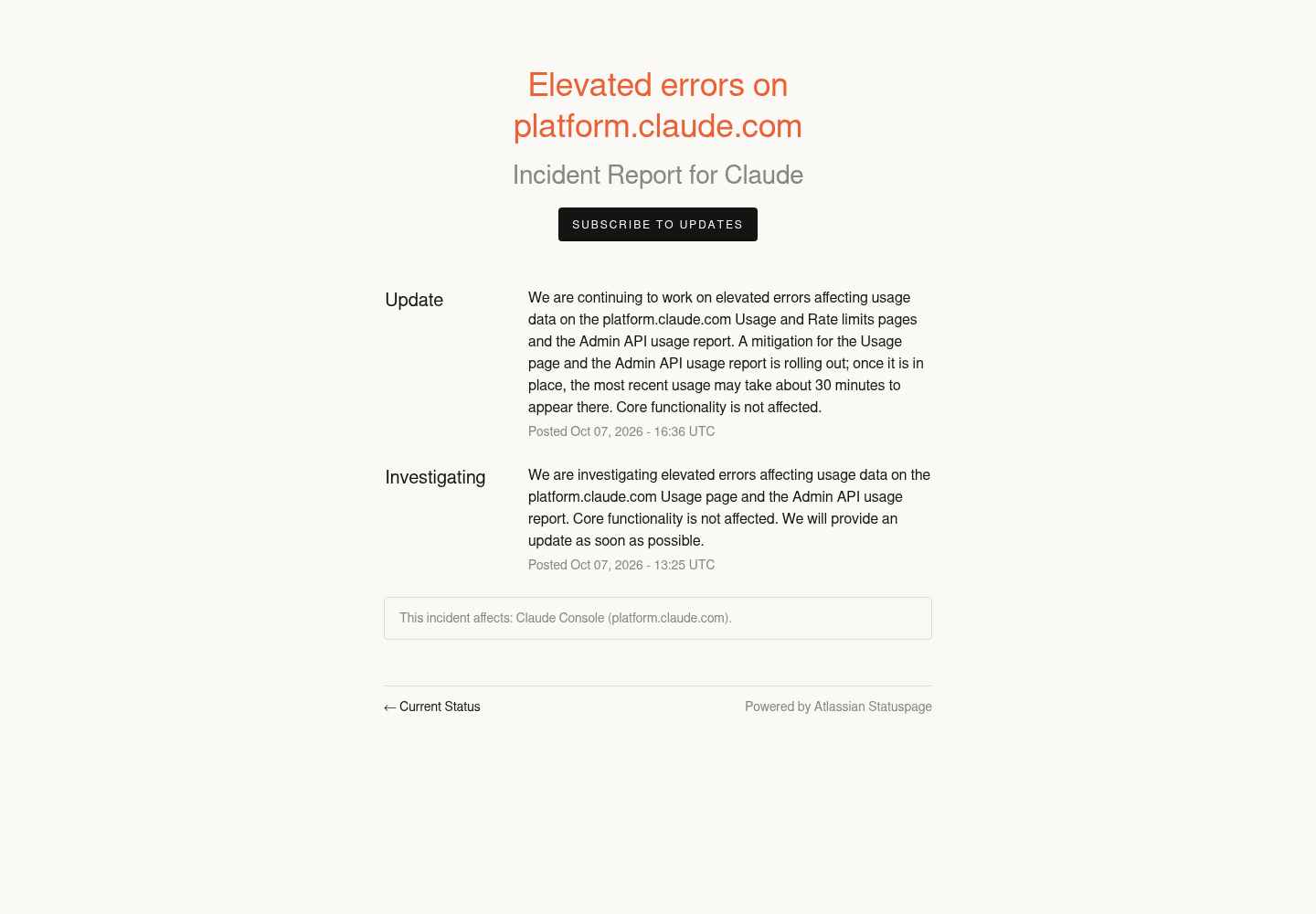 The Claude Status incident page titled Elevated errors on platform.claude.com, showing its posted investigating and update notices for October 7, 2026.