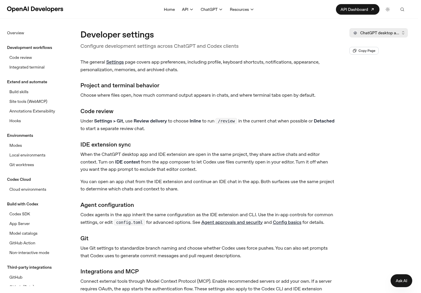OpenAI Developers 'Developer settings' page on its ChatGPT desktop app view, showing sections for project and terminal behavior, code review, IDE extension sync, agent configuration, Git, and integrations and MCP.