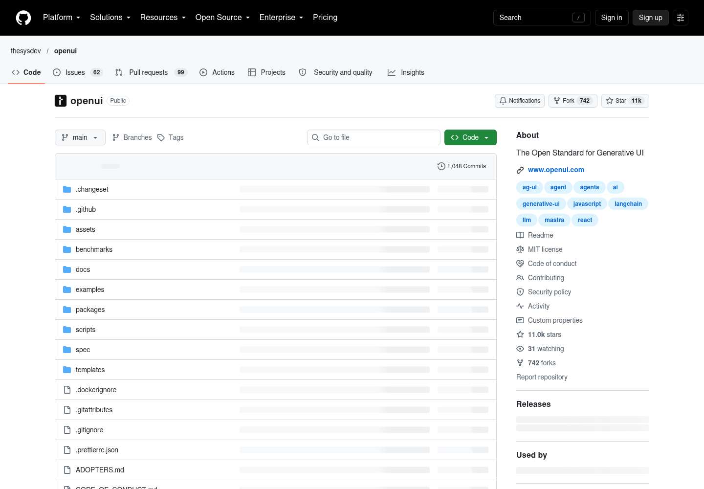 The thesysdev/openui GitHub repository page showing the OpenUI README with its package list and MIT license.