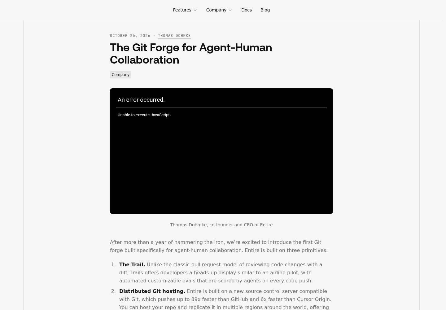 The entire.com launch blog post page for 'The Git Forge for Agent-Human Collaboration,' showing site navigation and a sign-in option.