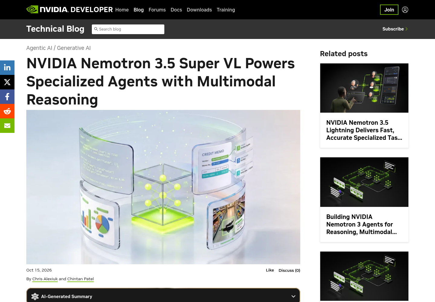 NVIDIA Developer Technical Blog page showing Nemotron 3.5 Super VL title, hero illustration, Oct 15 2026 date, authors Chris Alexiuk and Chintan Patel, and collapsed AI-Generated Summary header
