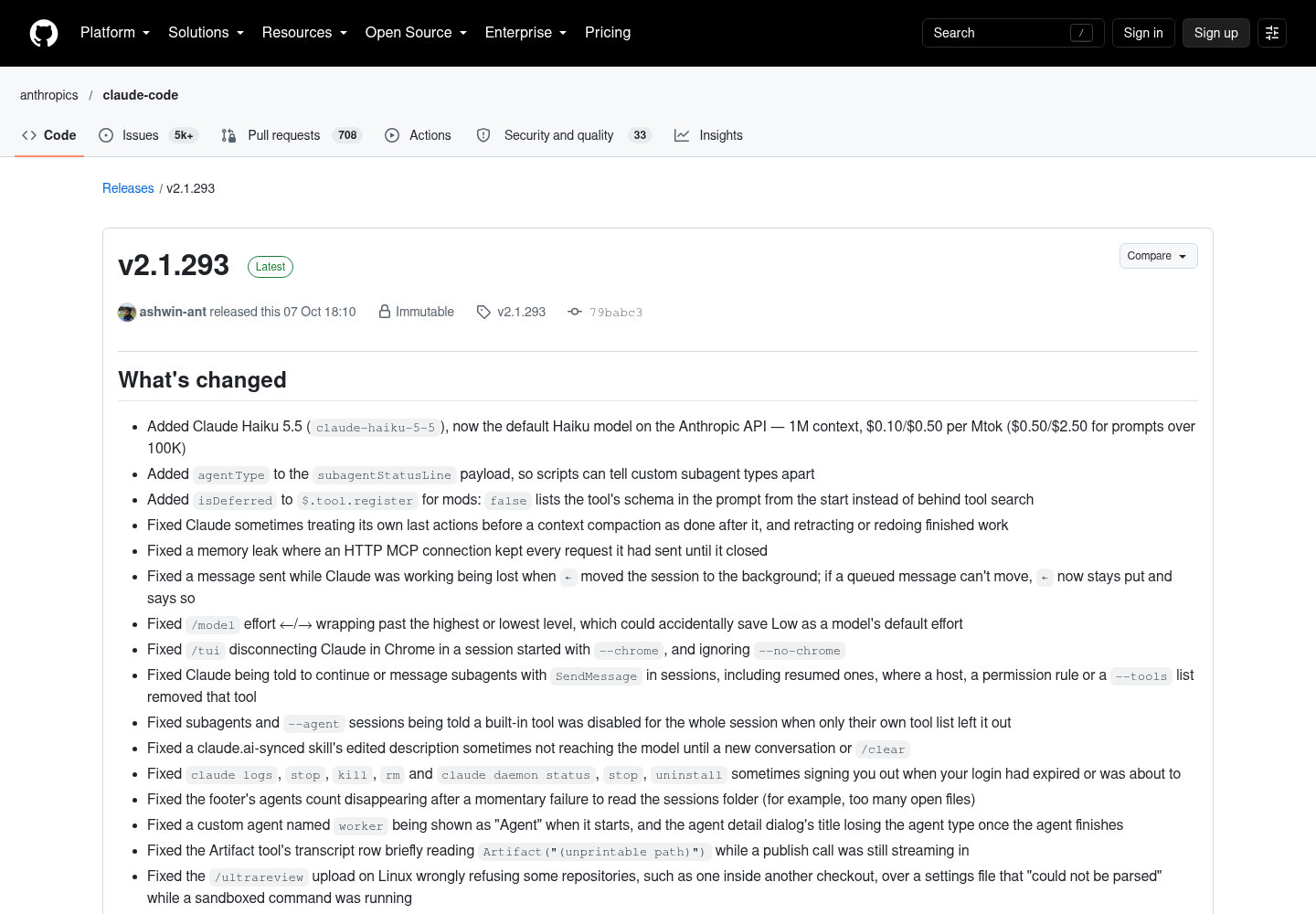 The GitHub release page for Claude Code v2.1.293 showing the release header, the Latest tag, and the What's changed notes opening with the Claude Haiku 5.5 addition.