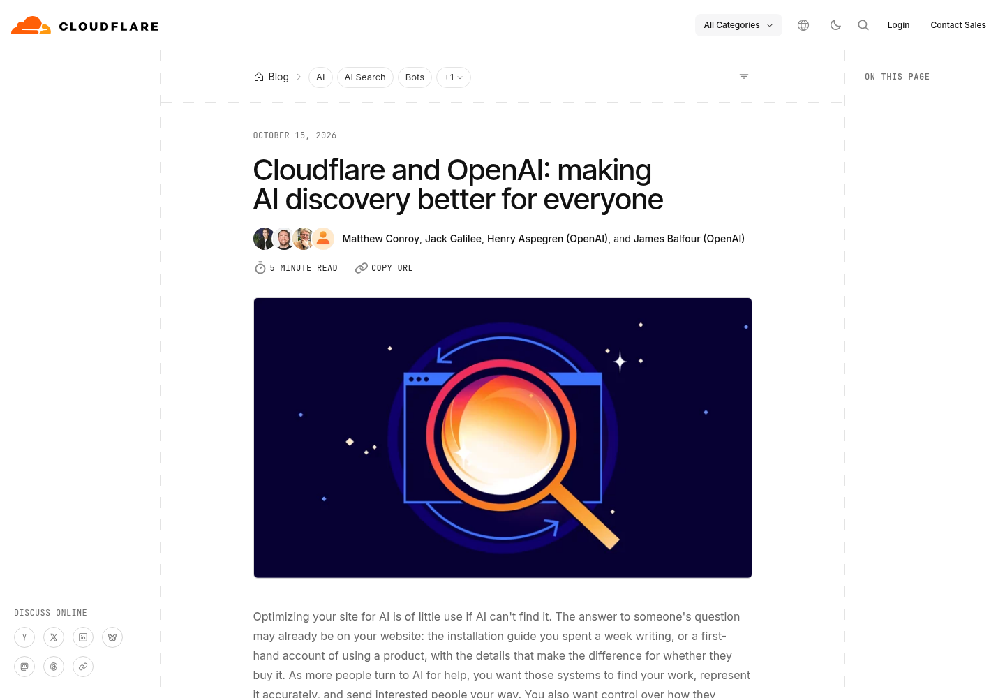 Cloudflare blog post titled 'Cloudflare and OpenAI: making AI discovery better for everyone' by Matthew Conroy, Jack Galilee, Henry Aspegren (OpenAI), and James Balfour (OpenAI), published October 15, 2026.