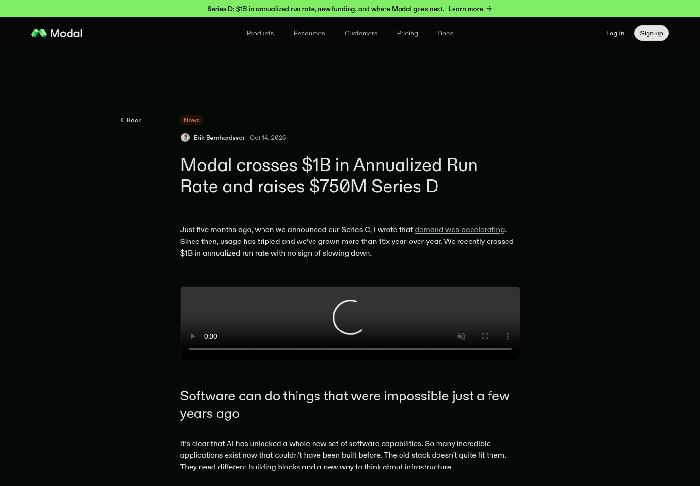 Modal Series D announcement page header showing the top Series D callout, navigation, News tag, byline Erik Bernhardsson dated Oct 14 2026, post title 'Modal crosses $1B in Annualized Run Rate and raises $750M Series D', opening paragraph stating $1B annualized run rate and 15x year-over-year growth, an embedded video player, and the start of the next section.