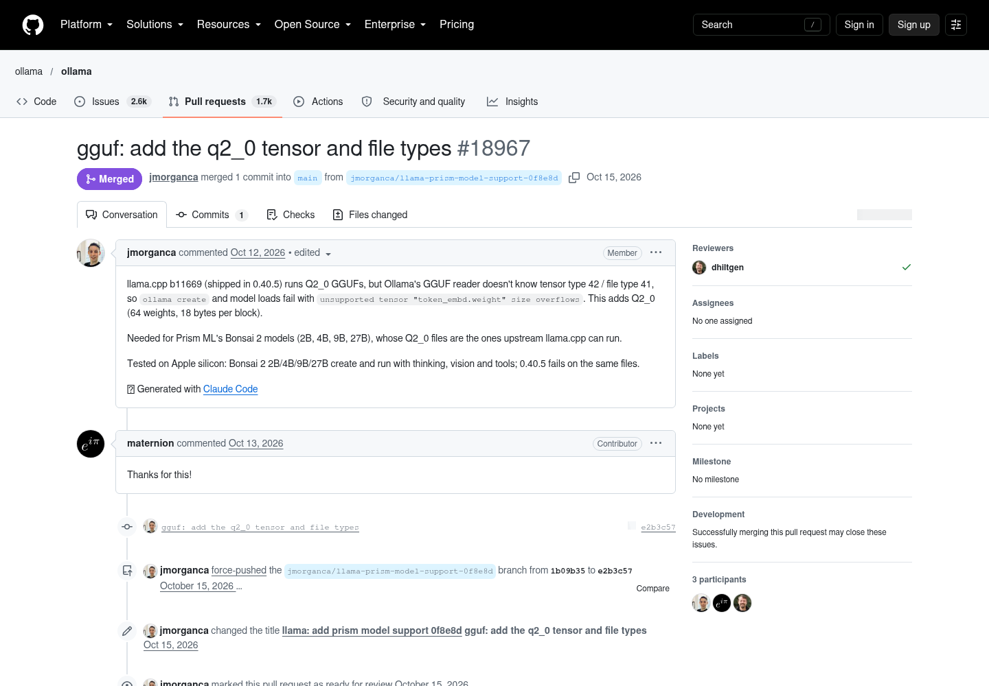 GitHub pull request #18967 by jmorganca, showing the description that explains the q2_0 tensor type 42 and file type 41 failure and the 64-weights-per-18-byte-block format.