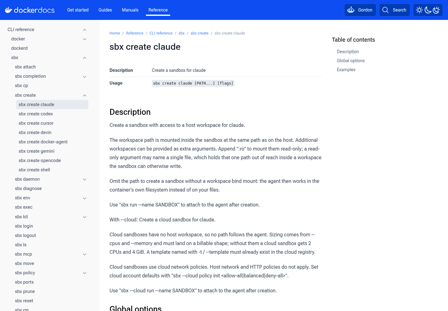 Docker Docs reference page for the sbx create claude command on docs.docker.com, showing the page heading and the start of the command's reference entry.