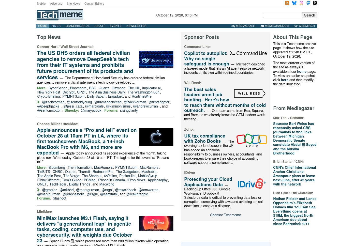Top of the Techmeme archive page for October 19, 2026, 8:40 PM ET, showing lead items on the DHS DeepSeek removal order, Apple's October 28 event and the MiniMax M3.1 Flash launch.