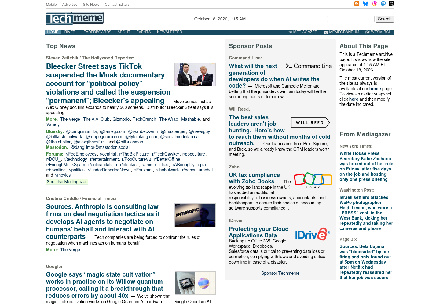 Techmeme archive page for October 18, 2026 showing the Financial Times headline about Anthropic consulting law firms on AI agent deal negotiation tactics.