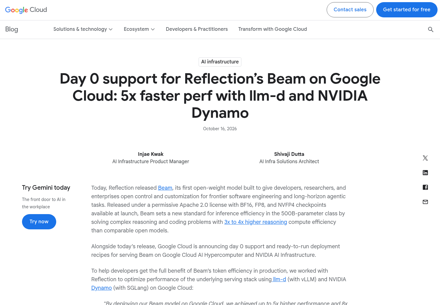 Google Cloud Blog post announcing day-0 support for Reflection Beam.