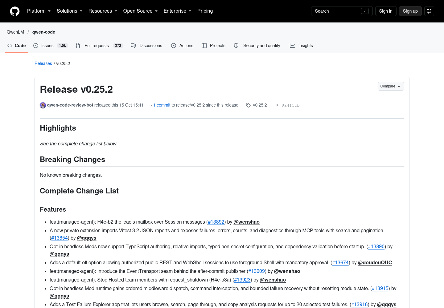 QwenLM’s GitHub release page for Qwen Code v0.25.2.
