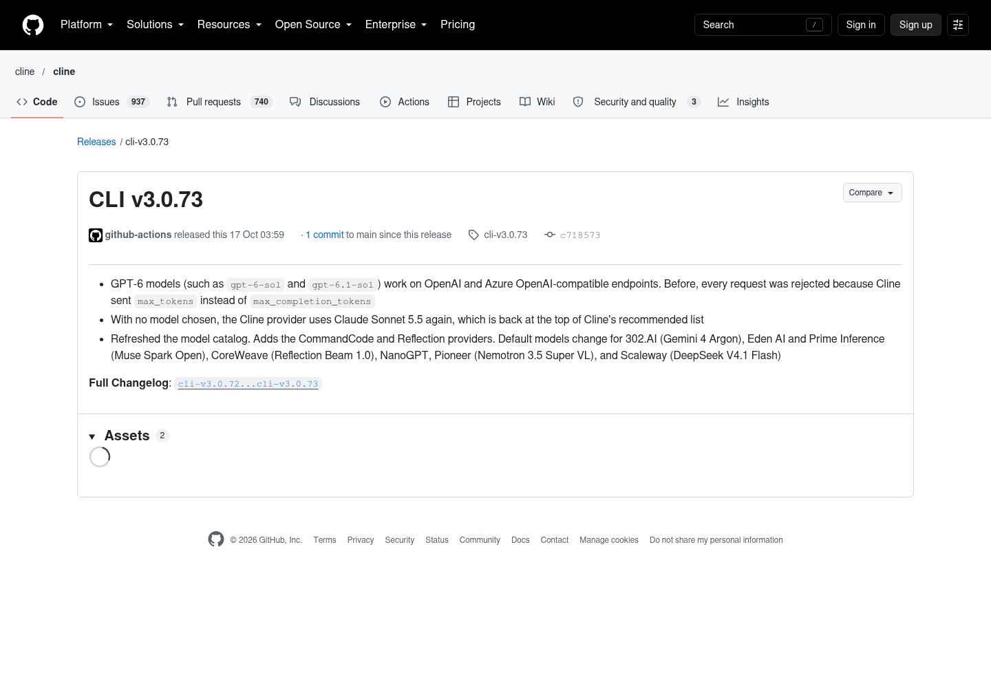 GitHub release page for Cline CLI v3.0.73 showing the release notes about the GPT-6 max_completion_tokens fix and the model catalog refresh.