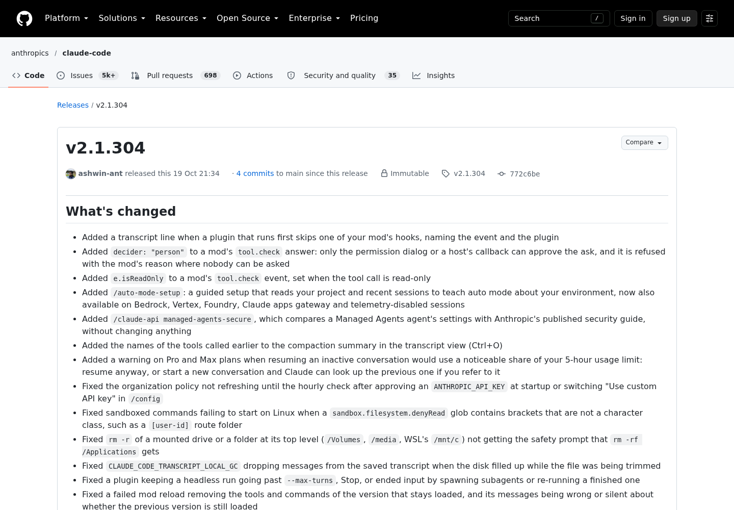 GitHub release page for anthropics/claude-code v2.1.304