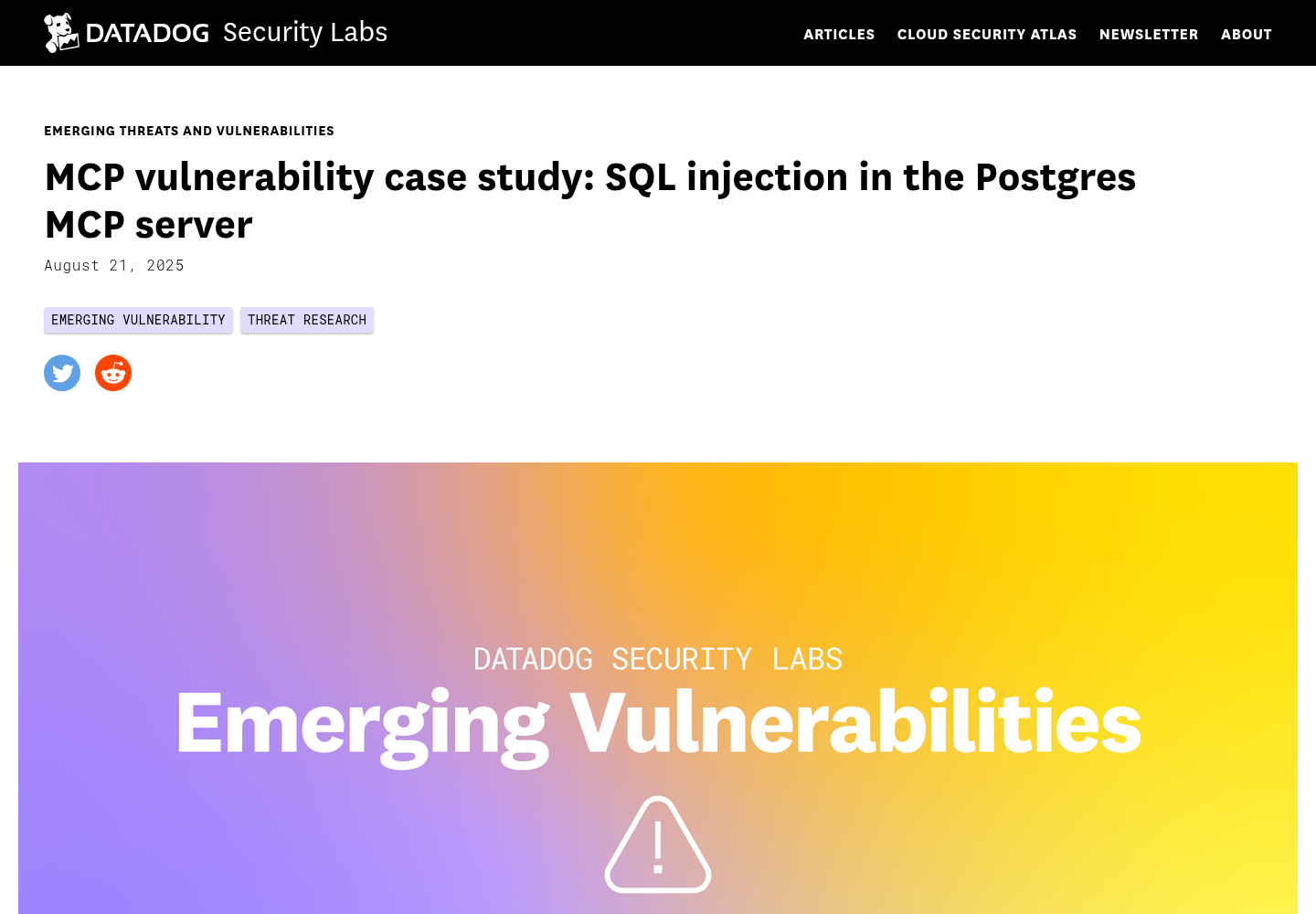 Datadog Security Labs article page titled MCP vulnerability case study: SQL injection in the Postgres MCP server, as captured from securitylabs.datadoghq.com.