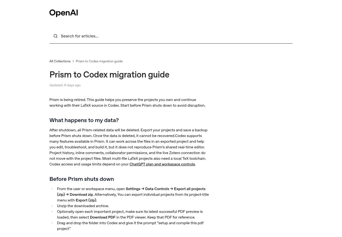 The OpenAI Help Center article titled Prism to Codex migration guide, as published.