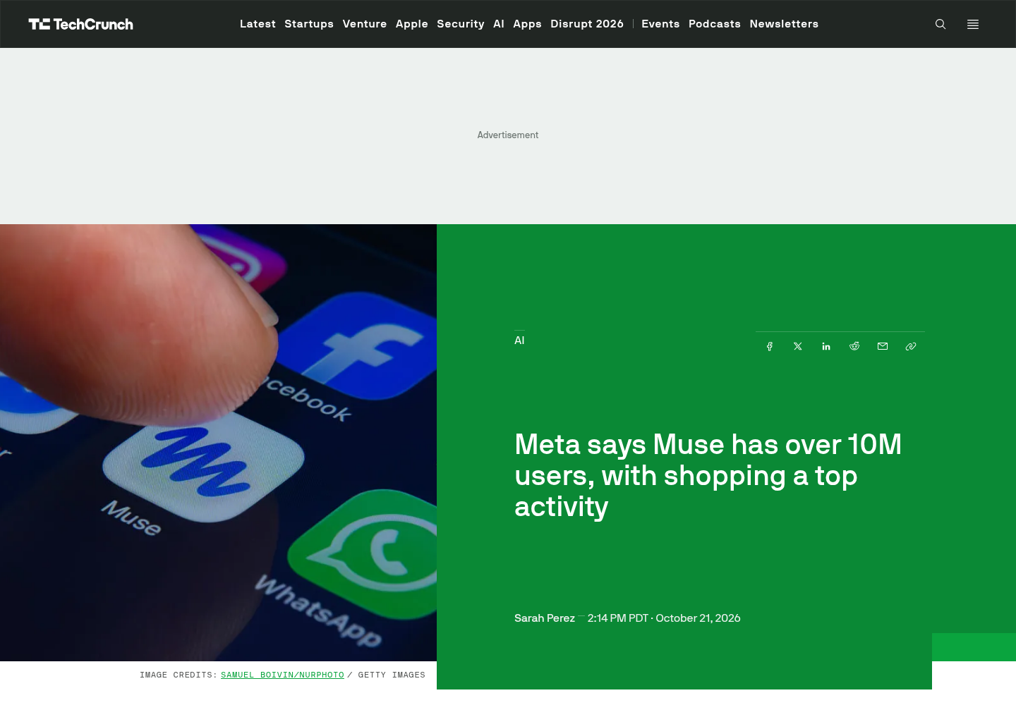 TechCrunch article by Sarah Perez covering Meta's Q3 2026 earnings call, showing the headline about Muse surpassing 10 million users, with the AI section label, byline, and October 21, 2026 timestamp.