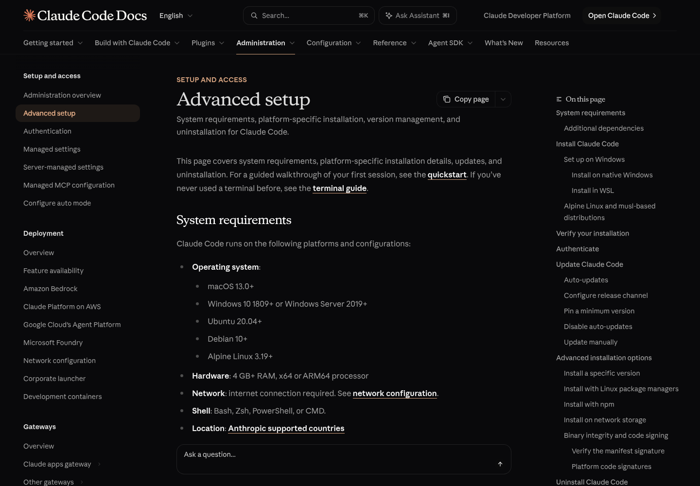 The opening of Anthropic's Advanced setup page for Claude Code on code.claude.com, with the page title and its introductory section.