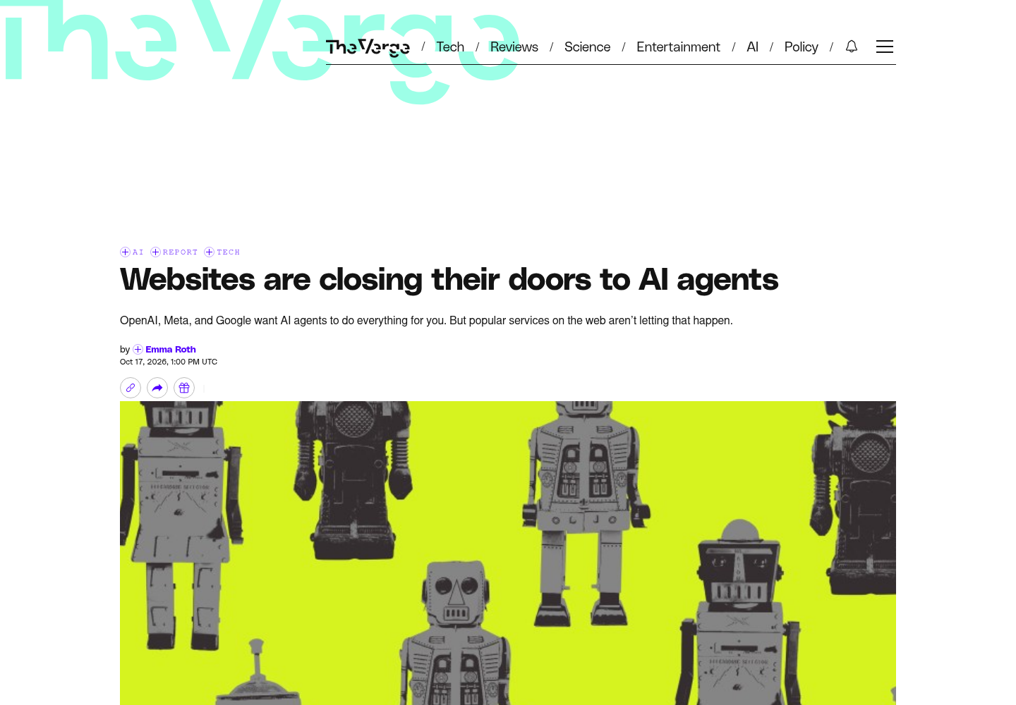 The Verge article page reporting that websites including Yelp, Delta, Chase and Schwab are blocking AI agents.