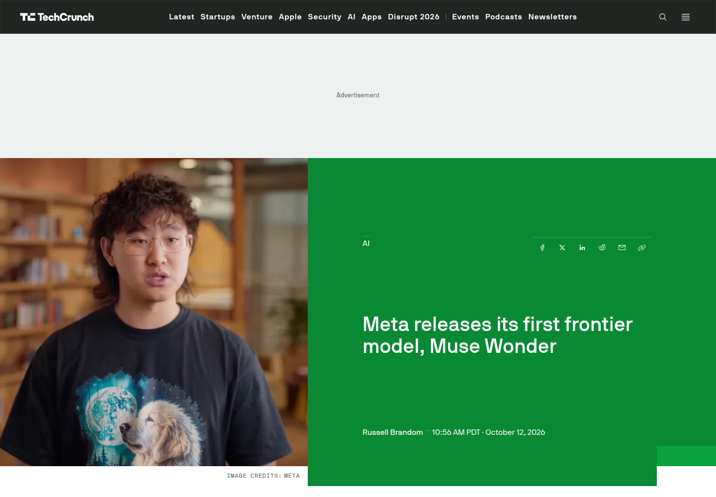 TechCrunch article page showing the headline 'Meta releases its first frontier model, Muse Wonder' by AI Editor Russell Brandom, with the article hero image and the beginning of the report text.