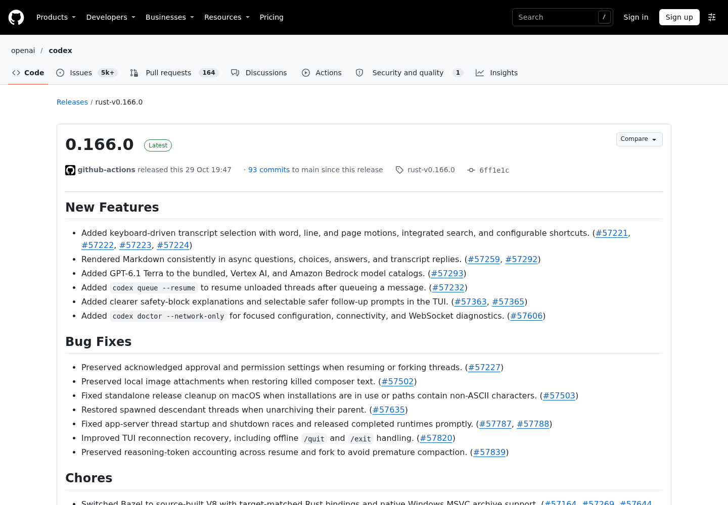 GitHub release page for openai/codex release 0.166.0, tag rust-v0.166.0.