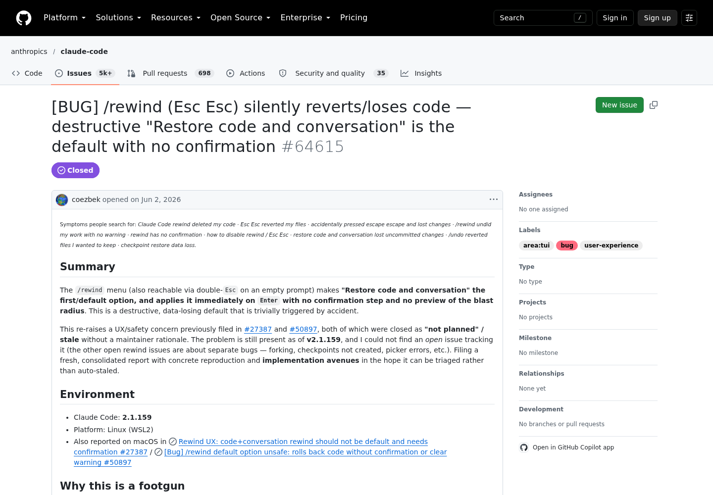 GitHub issue #64615 in the anthropics/claude-code repository, showing the bug report title about /rewind (Esc Esc) reverting code by default and the issue's Closed status.