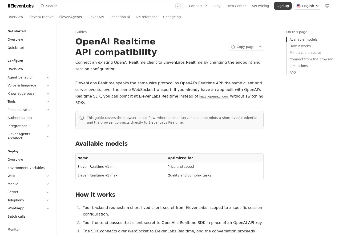 ElevenLabs documentation page titled OpenAI Realtime API compatibility, which explains connecting an existing OpenAI Realtime SDK app to ElevenLabs Realtime.