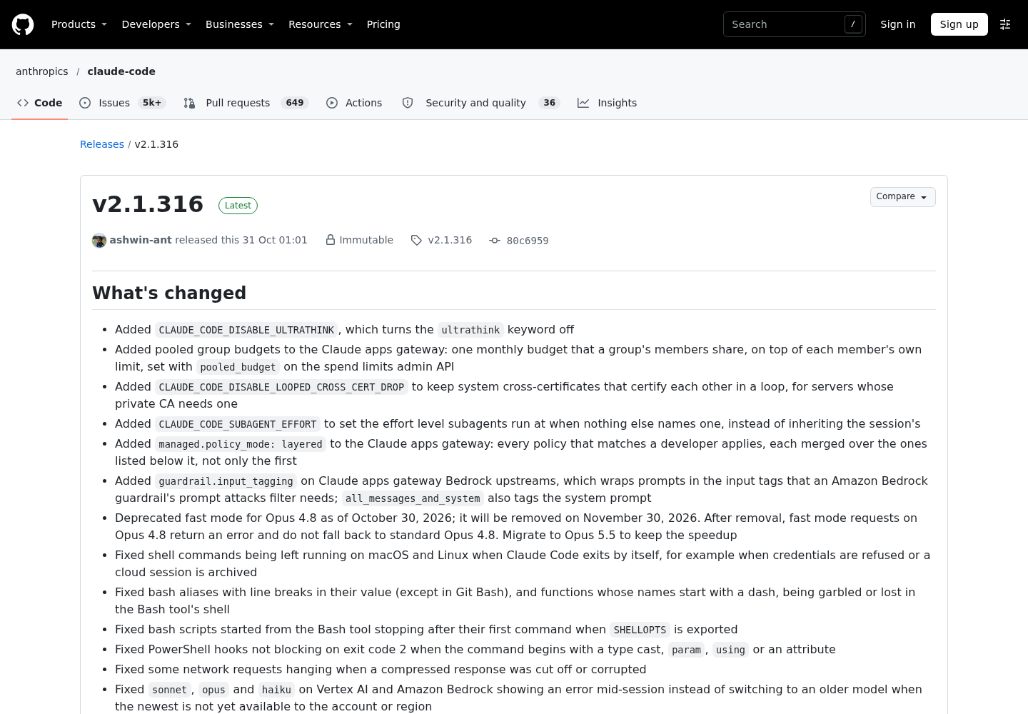 GitHub release page for anthropics/claude-code v2.1.316, showing the release header and the beginning of the What's changed notes.