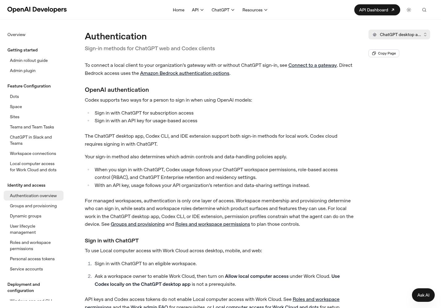 The opening of OpenAI's Codex Authentication documentation page, captured with JavaScript disabled.