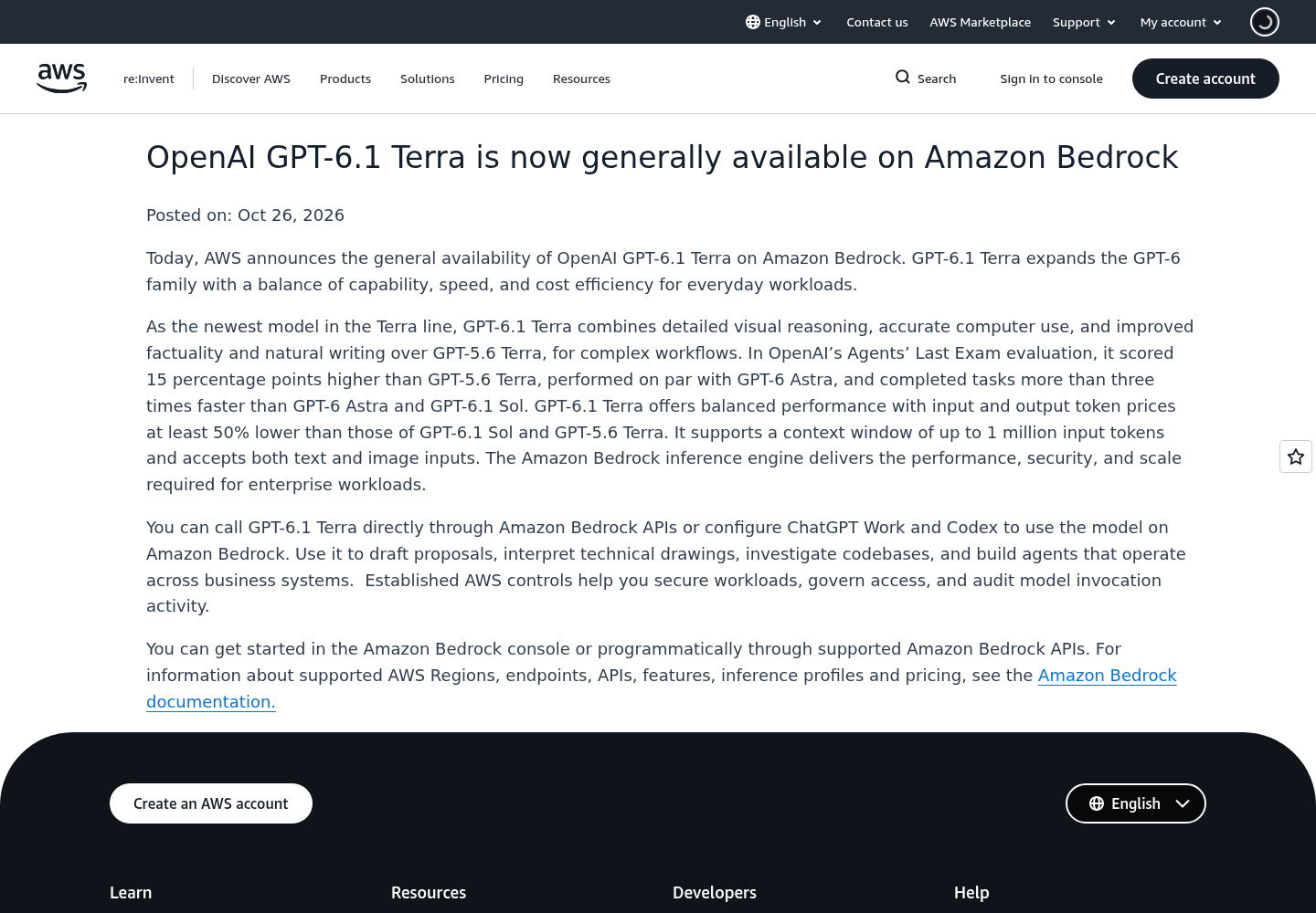 AWS announcement page confirming the general availability of OpenAI GPT-6.1 Terra on Amazon Bedrock with a 1M token context window.