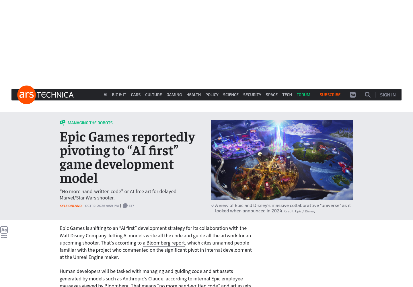 Ars Technica story page headlined 'Epic Games reportedly pivoting to AI first game development model', with the standfirst 'No more hand-written code or AI-free art for delayed Marvel/Star Wars shooter', the Kyle Orland byline dated Oct 12, 2026, an Epic / Disney credited hero image, and the first two story paragraphs on the Bloomberg report.