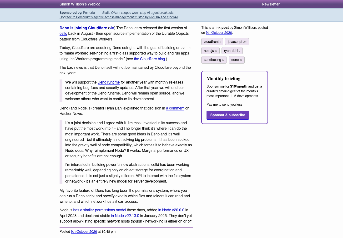 Simon Willison's Weblog page titled Deno is joining Cloudflare.