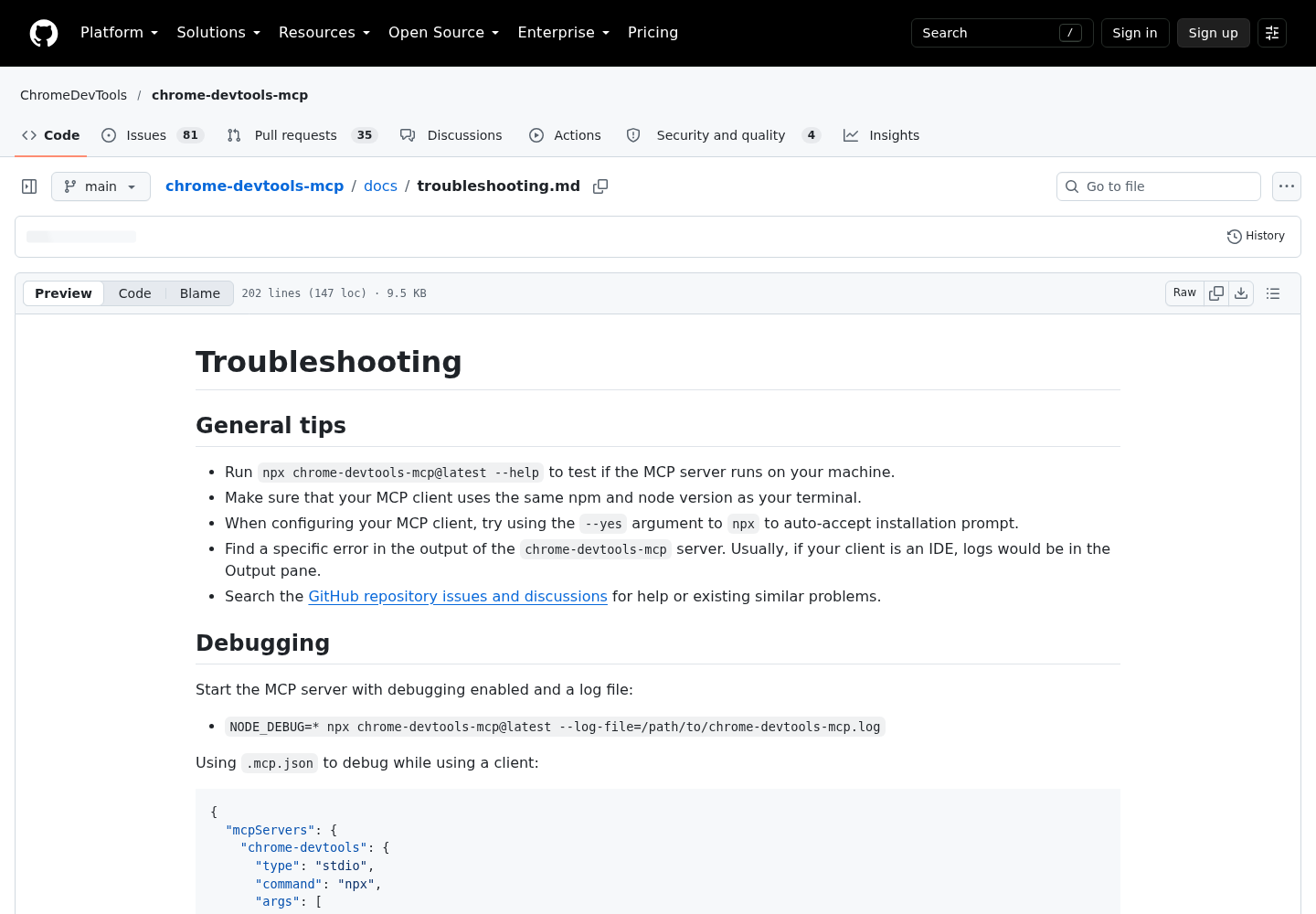 GitHub page for docs/troubleshooting.md in the ChromeDevTools/chrome-devtools-mcp repository, opening with its general tips.
