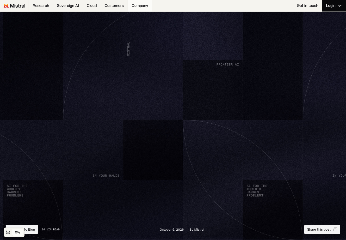 Mistral's website header showing the publication date October 6, 2026, and a dark section reading Frontier AI in your hands.