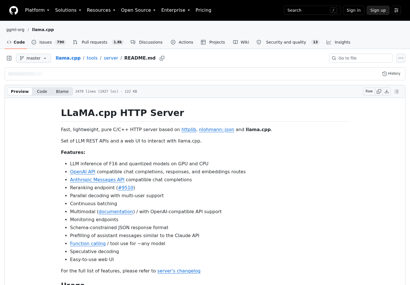 GitHub page for the llama.cpp server README in the ggml-org/llama.cpp repository, showing the LLaMA.cpp HTTP Server heading and the start of its feature list